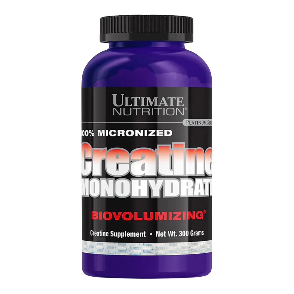 Suplemento Creatina Monohidratada Ultimate Nutrition de 300g para entrenamiento de fuerza. Disponible para envíos en Santiago, Ñuble, Maule, Biobío y todo Chile.