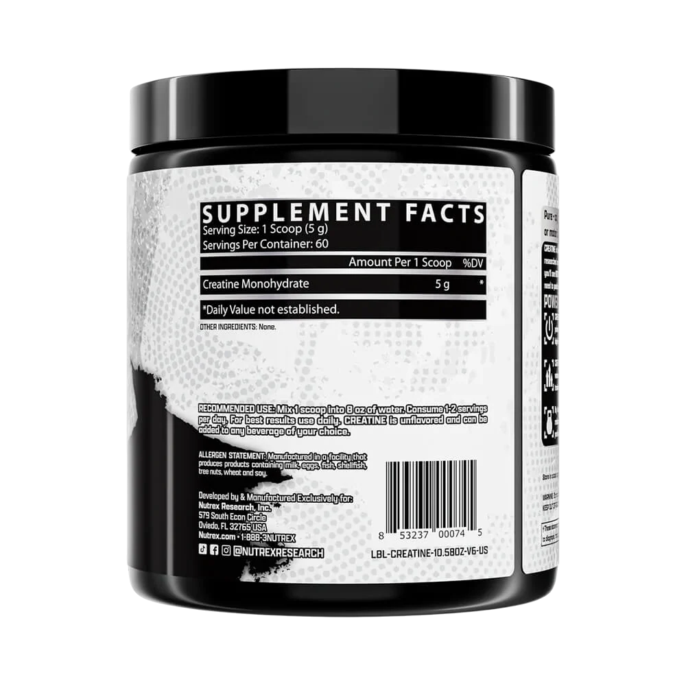 Envase de 60 servicios de Creatina Micronizada Nutrex, ideal para entrenamientos intensos en Santiago, Biobío, Ñuble y Maule.