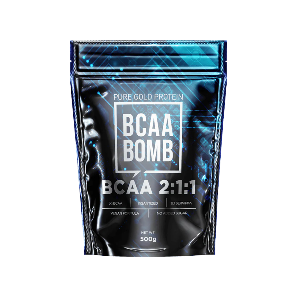 Suplemento de aminoácidos Pure Gold BCAA BOMB 2:1:1 para resistencia y protección muscular. Distribución para San Carlos, Los Ángeles, Talca y Santiago.