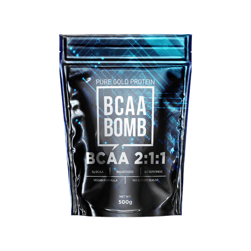 Suplemento de aminoácidos Pure Gold BCAA BOMB 2:1:1 para resistencia y protección muscular. Distribución para San Carlos, Los Ángeles, Talca y Santiago.