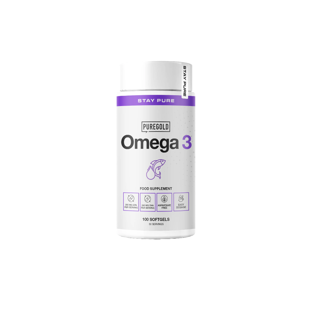 Suplemento de Omega 3 Pure Gold de 100 cápsulas para protección cardiovascular y articular. Envíos a regiones de Chile coordinados por agencias externas.