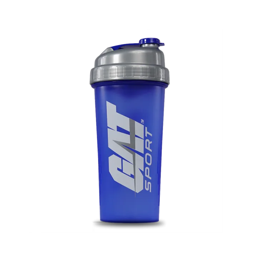Shaker mezclador de proteína GAT Sport de 600 ml en color azul con logotipo oficial. Venta en Chile y regiones de maule, ñuble, metropolitana y bio bio.