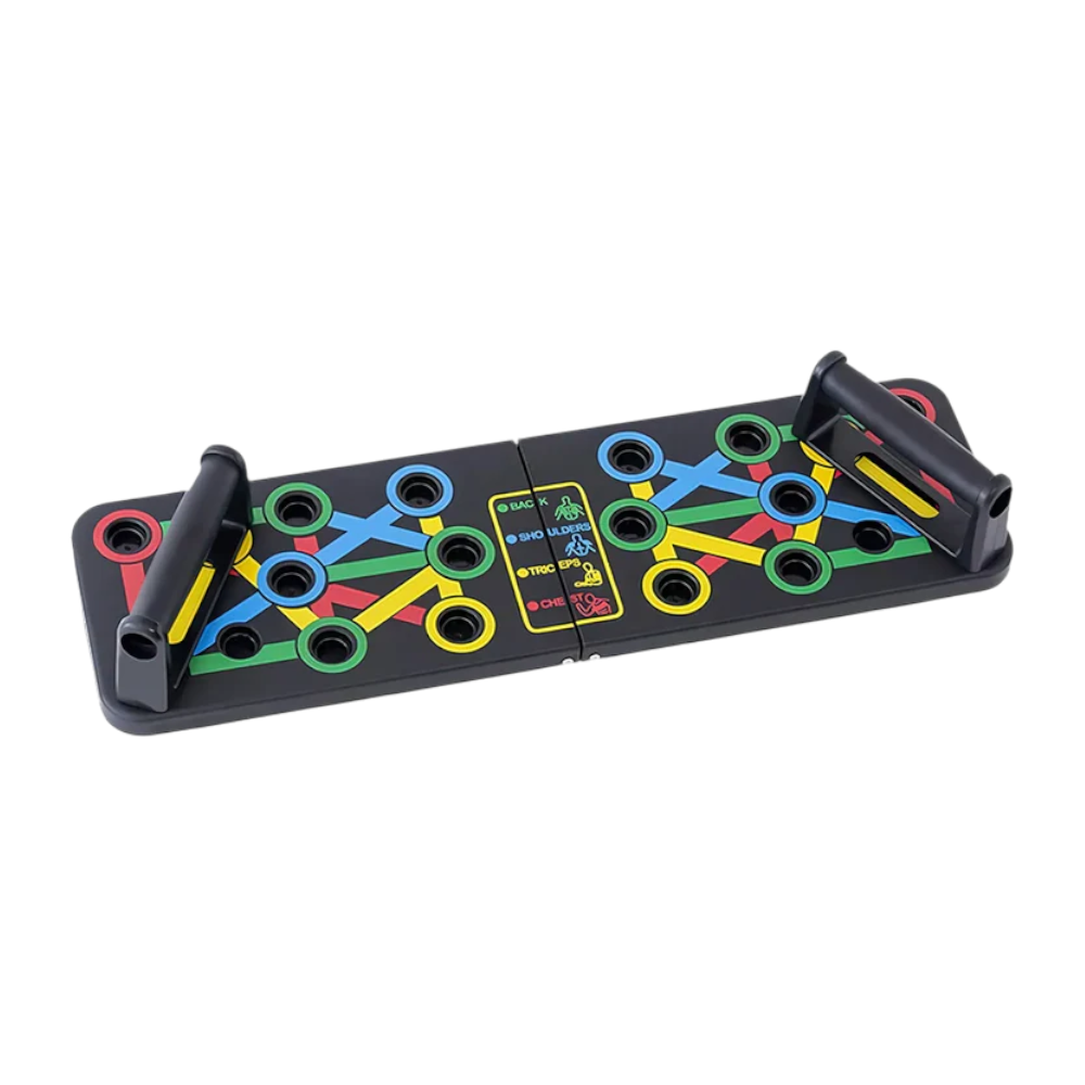 Tabla push up board 9 en 1 con manillas para entrenamiento en casa. Disponible con distribución para las zonas de San Carlos, Chillán, Los Ángeles y Santiago.