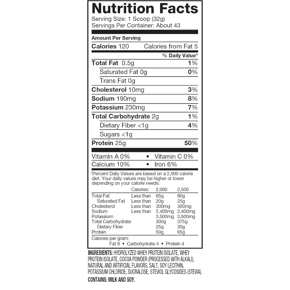 Detalle analítico de la tabla nutricional de ISO 100 Dymatize libre de grasa y lactosa. Producto original certificado para todo el mercado deportivo en Chile.