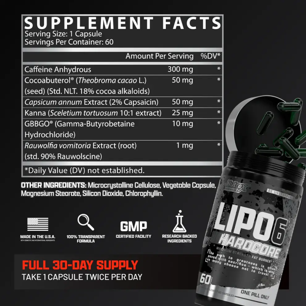 Detalle de componentes activos y dosis del quemador de grasa Lipo-6 Hardcore. Producto certificado disponible para todo el mercado chileno.